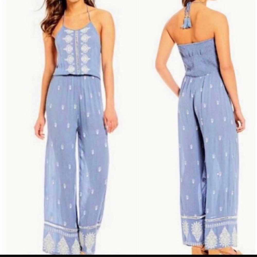 Chelsea & Violet Embroidered Halter Blue Jumpsuit S